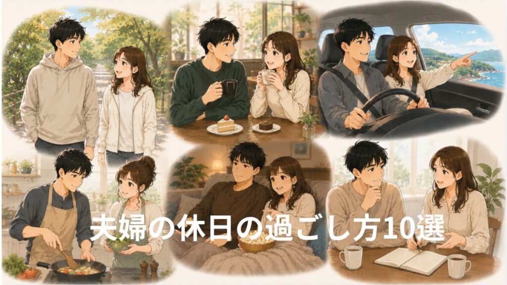 散歩やカフェ巡り、ドライブ、料理、映画鑑賞など、夫婦で楽しめる休日の過ごし方を描いたイラスト