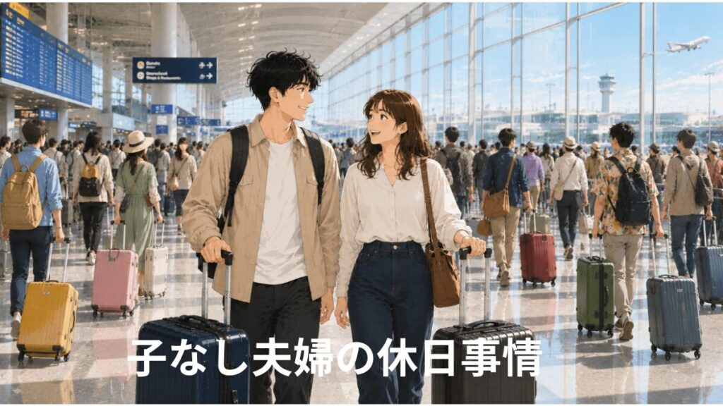 空港で旅行を楽しむ子なし夫婦のイラスト。自由な時間を夫婦で楽しみながら休日を過ごしている様子を描いている。