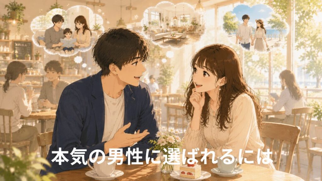 将来の結婚生活や家庭像について話しながら、真剣交際をイメージしている男女のイラスト