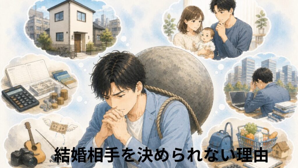 結婚後の責任や家族、仕事、お金への不安から結婚を決断できず悩む婚活男性のイラスト