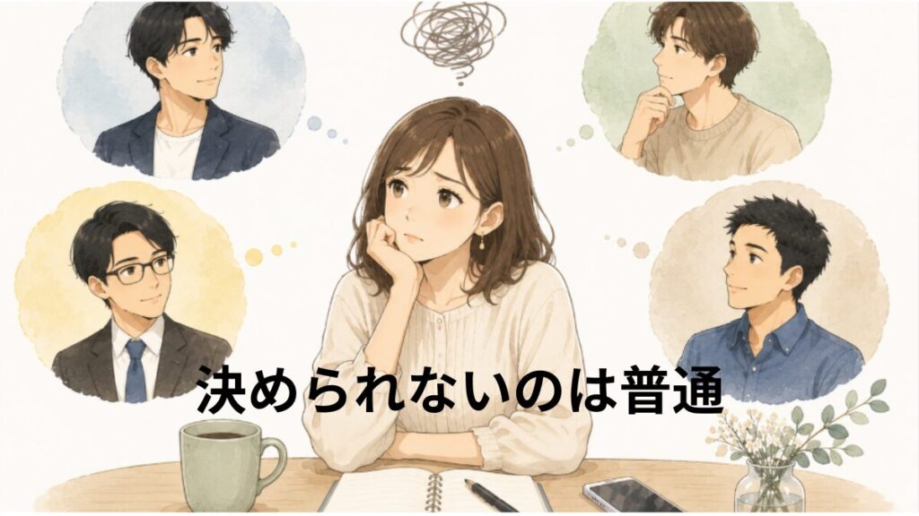 結婚相手を決められず悩む婚活女性と、タイプの異なる4人の男性をイメージしたイラスト