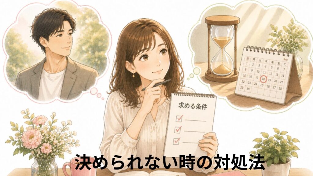 婚活で結婚相手を決めるために、譲れない条件を整理し、期限を決めて向き合う女性を描いたイラスト