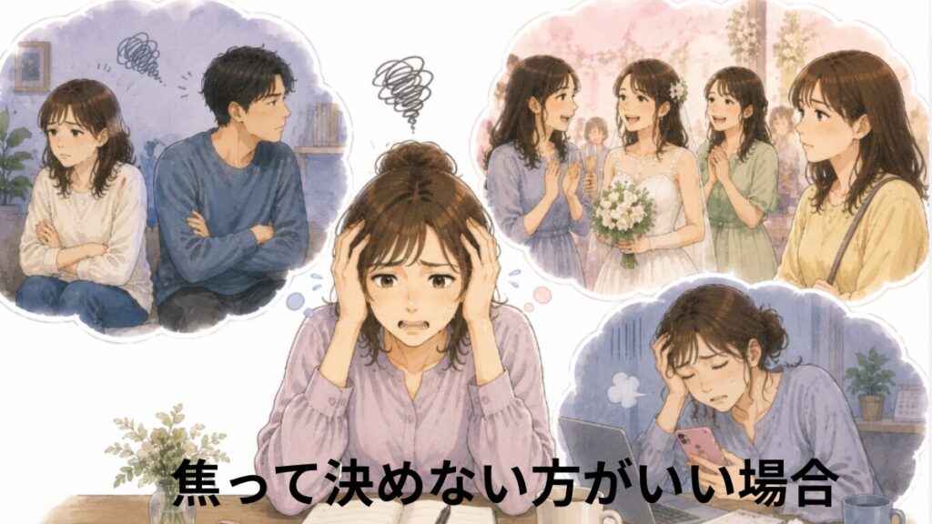 婚活の焦りや疲れから結婚を急ぎたくなる女性を描いたイラスト