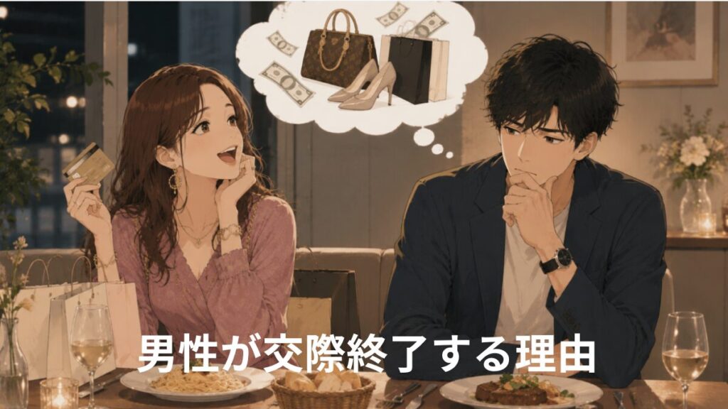 女性の金銭感覚を見て将来の結婚生活をイメージできず、交際終了を悩む男性のイラスト