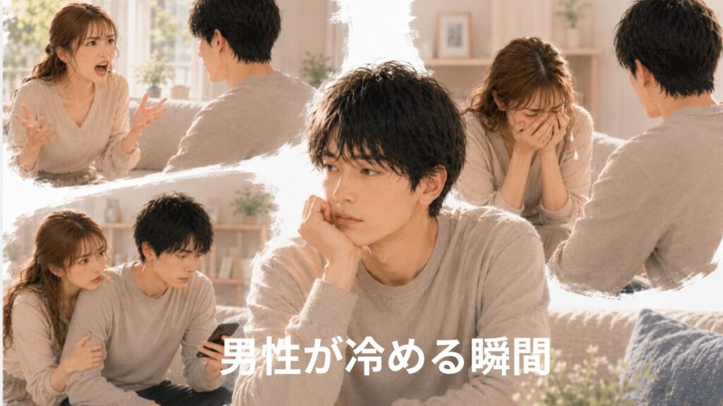 男性が冷める瞬間を表現したイラスト。感情的な言動や束縛、相手を試す行動に悩む男性心理を描いている