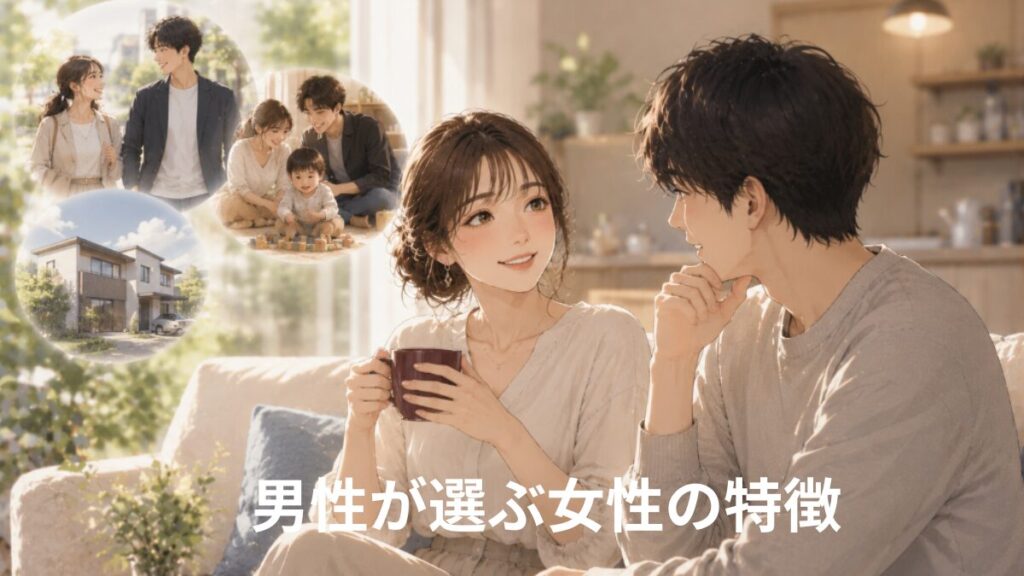 男性が選ぶ女性の特徴を表現したイラスト。安心感があり将来をイメージできる自立した女性との結婚生活を考える男性