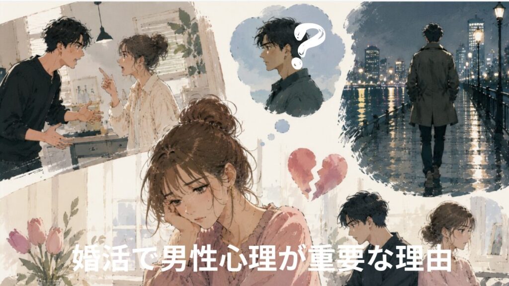 婚活中に男性心理がわからず悩む女性と、すれ違いや別れを表現したイラスト