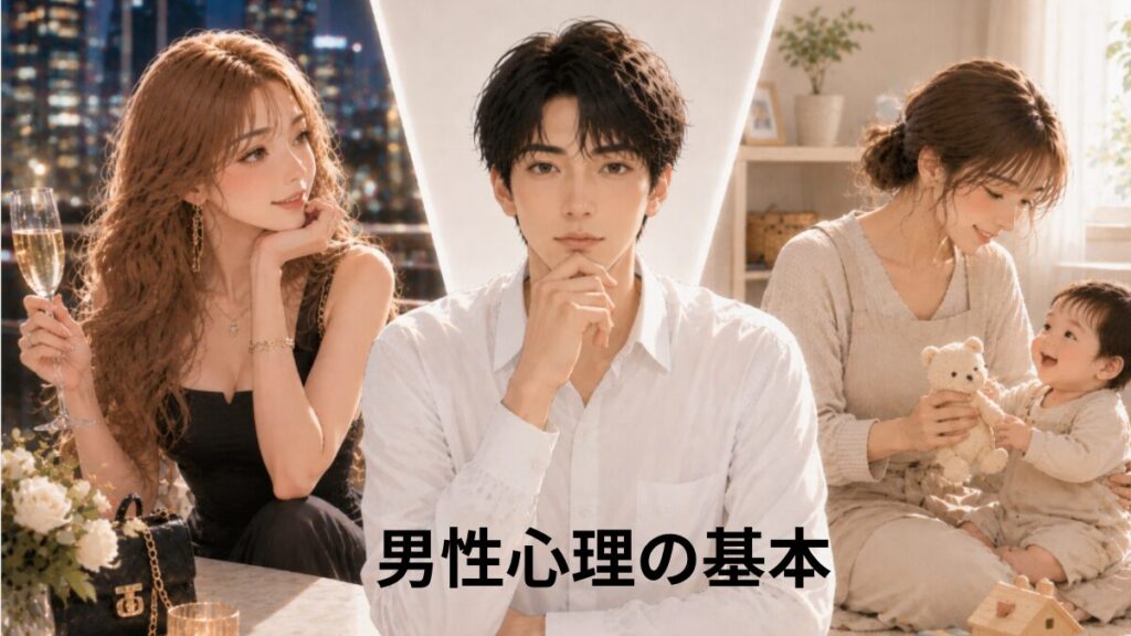 男性は恋愛と結婚を別で考える傾向があることを表したイラスト。恋愛相手と結婚相手を比較している男性心理