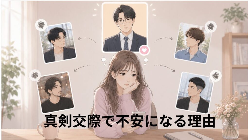 真剣交際中の男性と他の候補者を比較しながら、もっと合う人がいるか悩む女性のイラスト