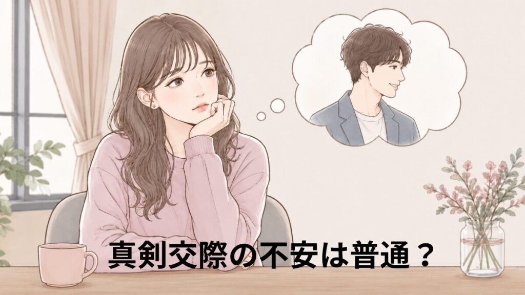 真剣交際中の男性を思い浮かべながら、一人で将来について悩む女性のイラスト