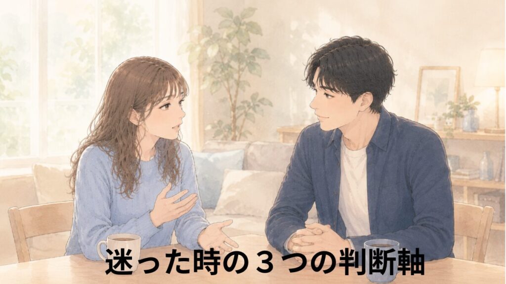 真剣交際中のカップルが落ち着いて話し合い、お互いの気持ちを確認しているイラスト