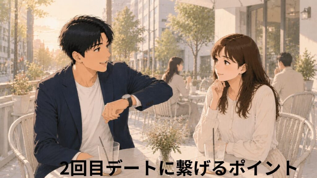 婚活の初デートで2回目のデートにつなげるコツをイメージしたイラスト。夕方の都会のテラスカフェで、心地よい時間を過ごし帰るタイミングを迎える男女の場面。