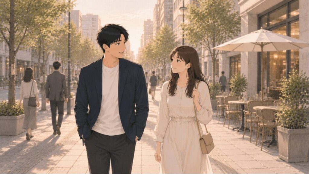 婚活のデート後、夕方の街を並んで歩く男女のイラスト。心地よい時間を過ごし、自然な会話を楽しんでいる様子。