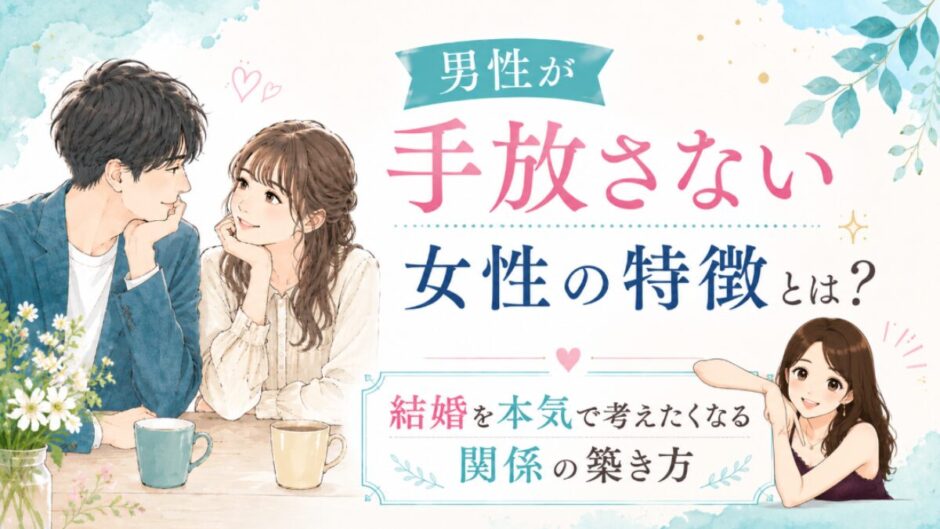 男性が手放さない女性の特徴をテーマにしたアイキャッチイラスト。見つめ合う男女と、結婚を本気で考えたくなる関係を表現したイラスト