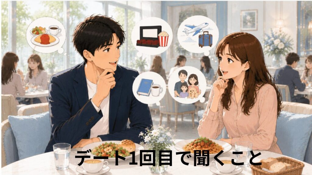 婚活の初デートで聞くことをイメージしたイラスト。映画や旅行、家族などの話題で会話を楽しむ男女のランチデート。