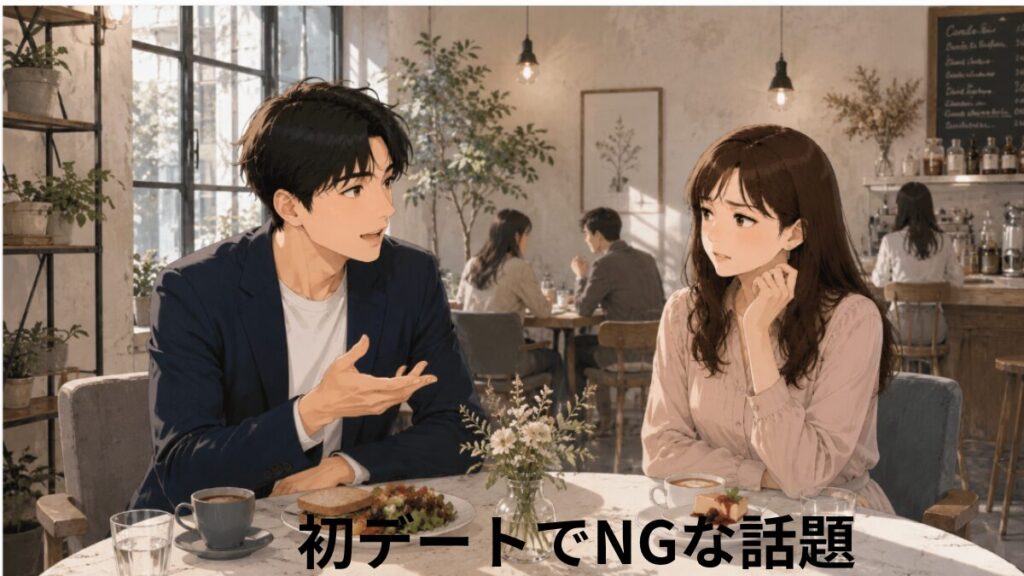 婚活の初デートで避けたいNGな話題をイメージしたイラスト。カフェでランチ中、踏み込みすぎた会話に女性が戸惑い、気まずい空気が流れている様子。