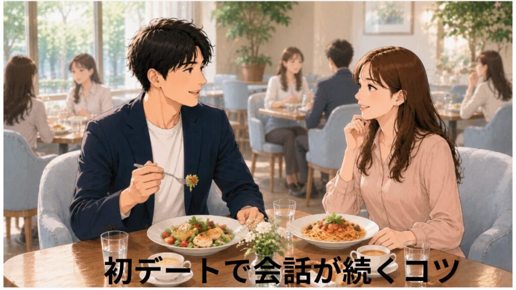 婚活の初デートでランチを楽しみながら笑顔で会話する男女のイラスト。自然な会話が続き、リラックスした雰囲気でデートを楽しんでいる場面。