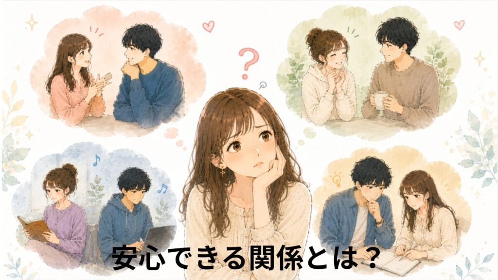 安心できる関係とは何かを考える女性のイラスト。信周りには頼関係を築く場面が描かれている。