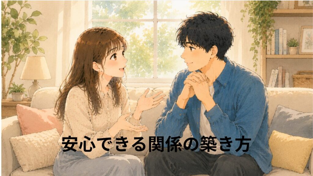 安心できる関係を築くために、お互いの気持ちを言葉で伝え合う男女のイラスト。ソファーで穏やかに話し合い、信頼を深める様子が描かれている。