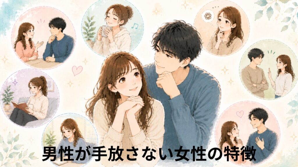 男性が手放さない女性の特徴を表したイラスト。話し合い、感謝、自分時間など、安心できる関係を築く場面を描いたイラスト