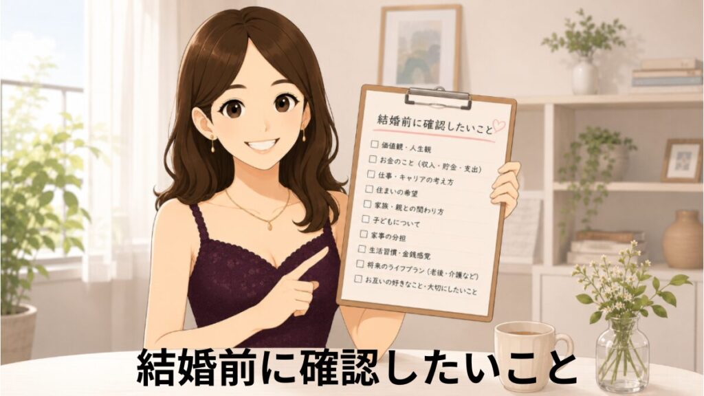 女性アドバイザーが、結婚前に確認したい項目をまとめたチェックリストを手に持ち、指差しながら紹介しているイラスト。