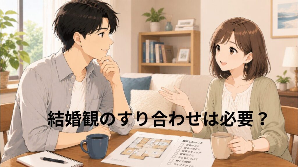 結婚を考える男女がテーブルを囲み、住まいの間取り図や結婚生活のチェックリストを見ながら、将来の暮らしについて笑顔で話し合っているイラスト。お互いの価値観をすり合わせる穏やかな場面を表現している。