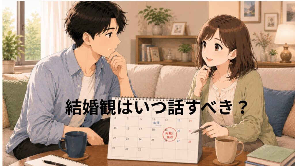 リビングのソファで向かい合って座る男女が、テーブルの上のカレンダーを見ながら将来の予定について話し合っているイラスト。結婚観はいつすり合わせるのがベストかを表した画像