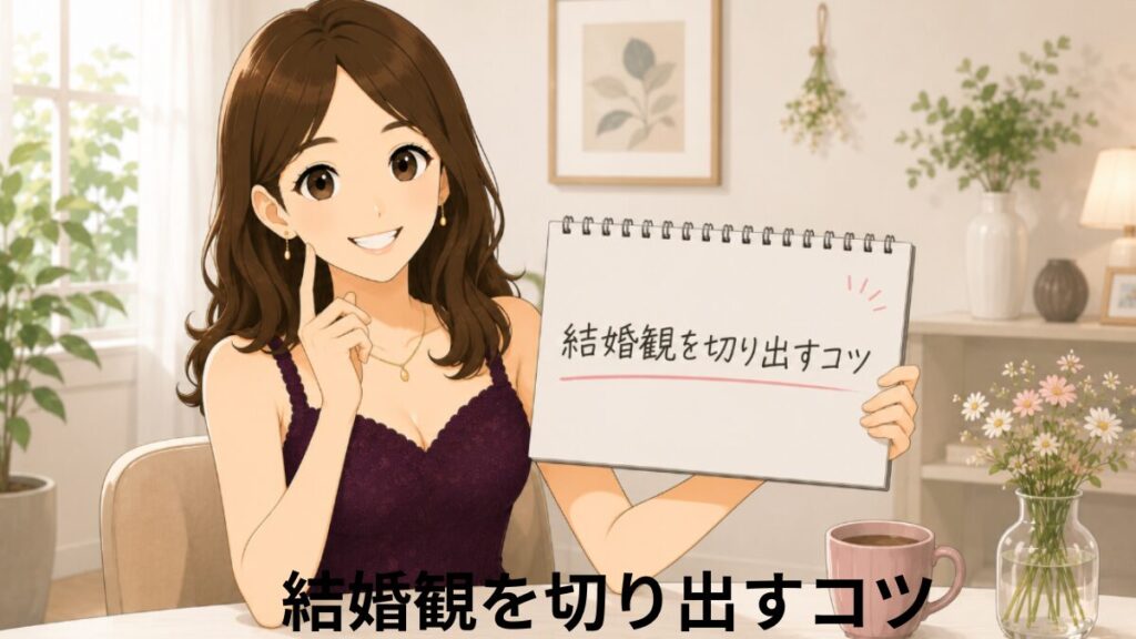 笑顔の女性アドバイザーが、結婚観を切り出すコツと書かれたフリップを持ちながら紹介しているイラスト。落ち着いた室内で、結婚前の話し合いを自然に始めるポイントをイメージした場面。
