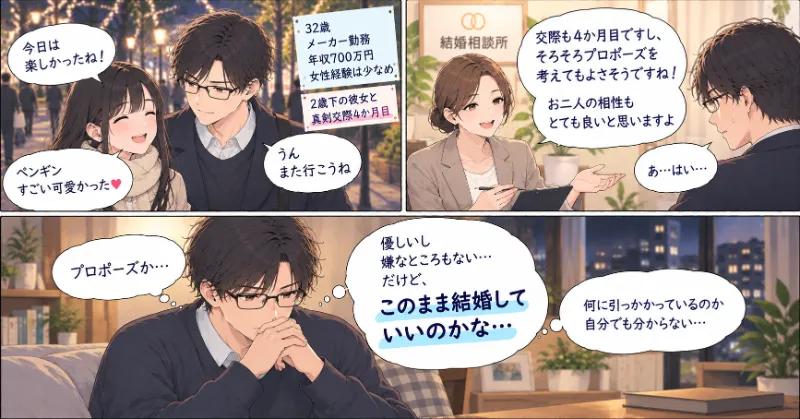 真剣交際中の女性との結婚を決めきれず、このまま結婚していいのか悩む32歳男性