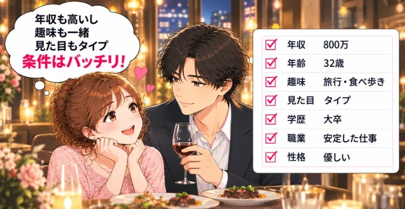 年収や年齢、趣味など希望条件に合う男性と出会い、理想の結婚相手だと感じる婚活女性