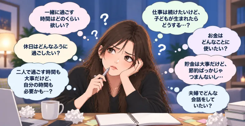 理想の結婚生活について、一緒に過ごす時間や休日、お金、仕事、夫婦の会話などを考える女性