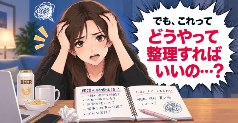 理想の結婚生活を考え始めたものの、たくさんの希望をどう整理すればいいか悩む女性