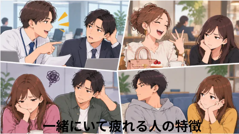 一緒にいて疲れる人の特徴を表したイラスト　価値観を押し付ける人や自慢が多い人、ネガティブな人、察してほしい人などの特徴が書かれている。