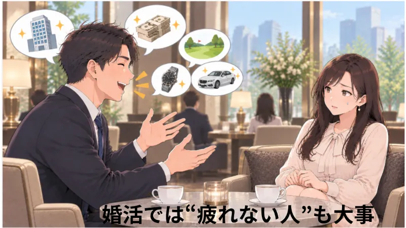 お見合いで自慢話を続ける男性に、居心地の悪さを感じる女性のイラスト