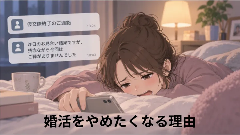 婚活で仮交際終了やお見合い不成立の連絡が続き、「もう婚活やめたい」とベッドで落ち込む女性