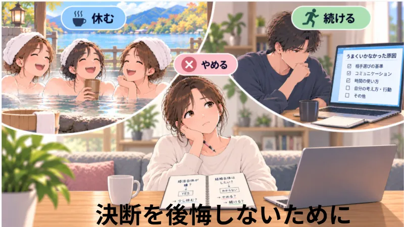 婚活を続ける・休む・やめる選択肢を考え、結婚観やこれまでの婚活を振り返る男女