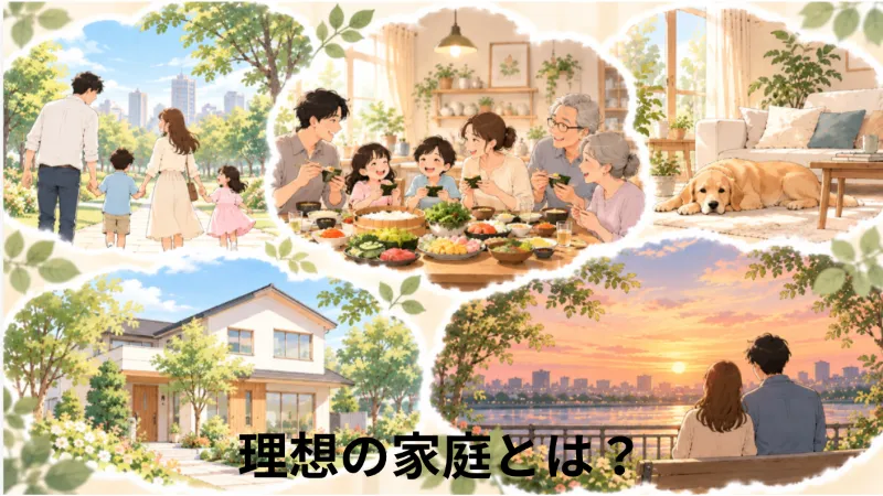 家族で公園を散歩したり、手巻き寿司を囲んだりする理想の家庭をイメージしたイラスト