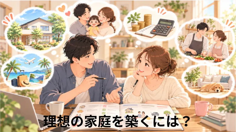 理想の家庭について話し合いながら、結婚後の暮らしを具体的に考える男女のイラスト