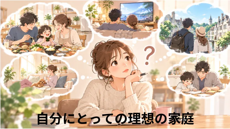 自分にとっての理想の家庭について考える婚活中の女性のイラスト