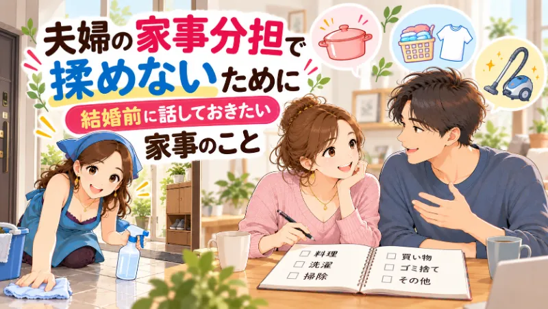 夫婦の家事分担について話し合う男女と、玄関を掃除する女性のイラスト