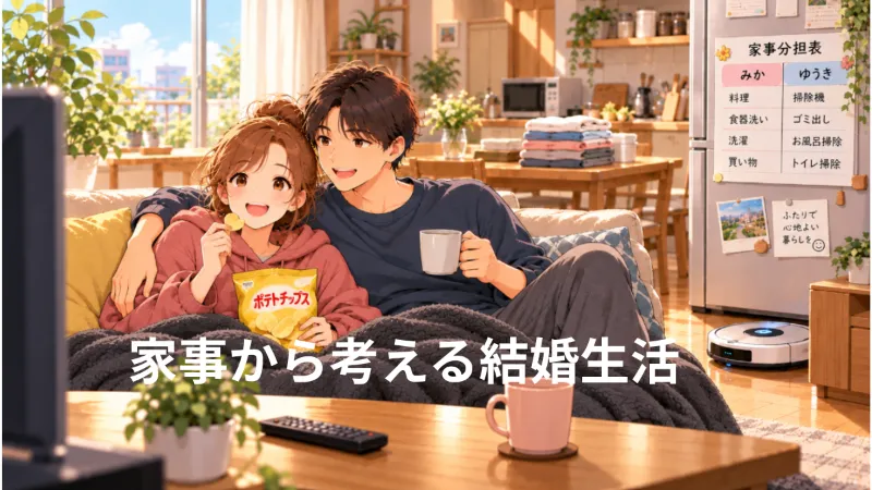 家事を分担しながら、きれいな部屋で映画を見てくつろぐ夫婦のイラスト
