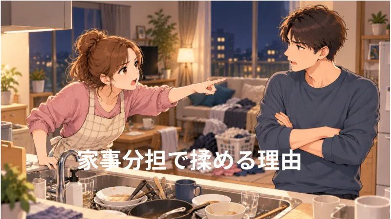 家事分担をめぐって、洗い物や洗濯物がたまった部屋で言い争う夫婦のイラスト