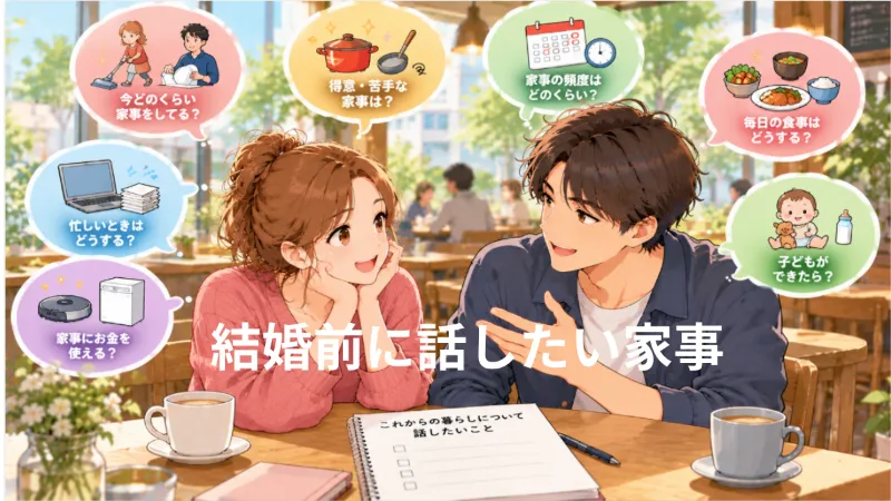 結婚前に家事や食事、仕事、子どもができた後の暮らしについて話し合う男女のイラスト